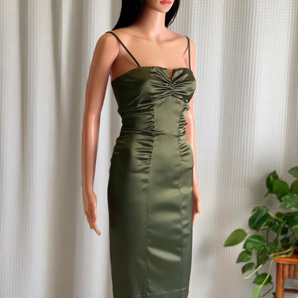 Vintage Y2K Caché Olive Green Ruched Midi Sheath Bodycon Cocktail Dress‎ Size 8